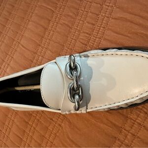 Coach Cream Loafers with Silver Chain Accent
